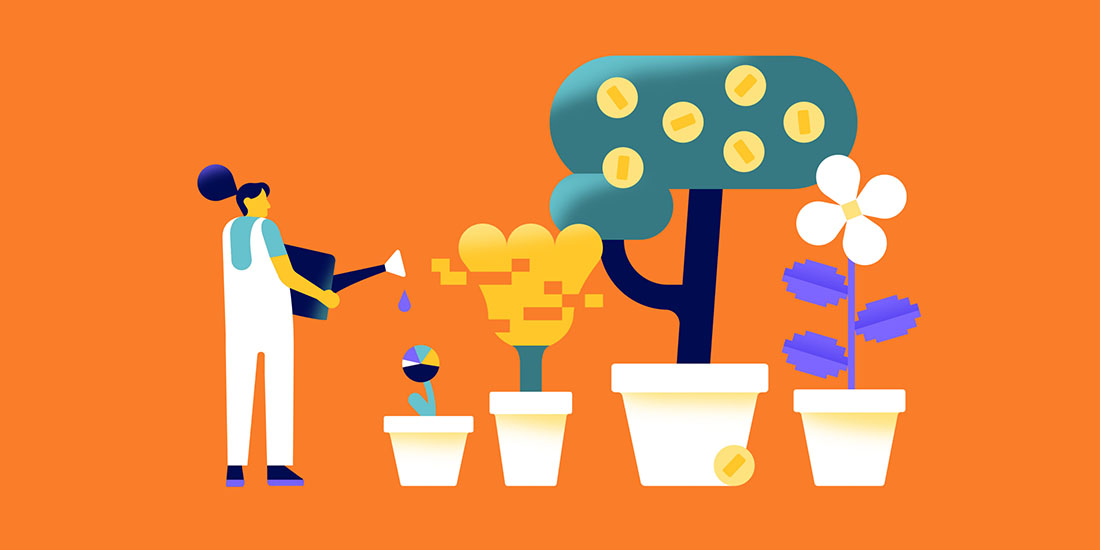 illustration of woman watering plants of various shapes and sizes