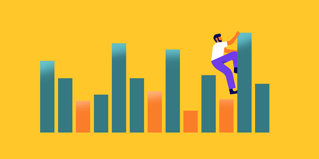 A person climbing through a fluctuating bar chart