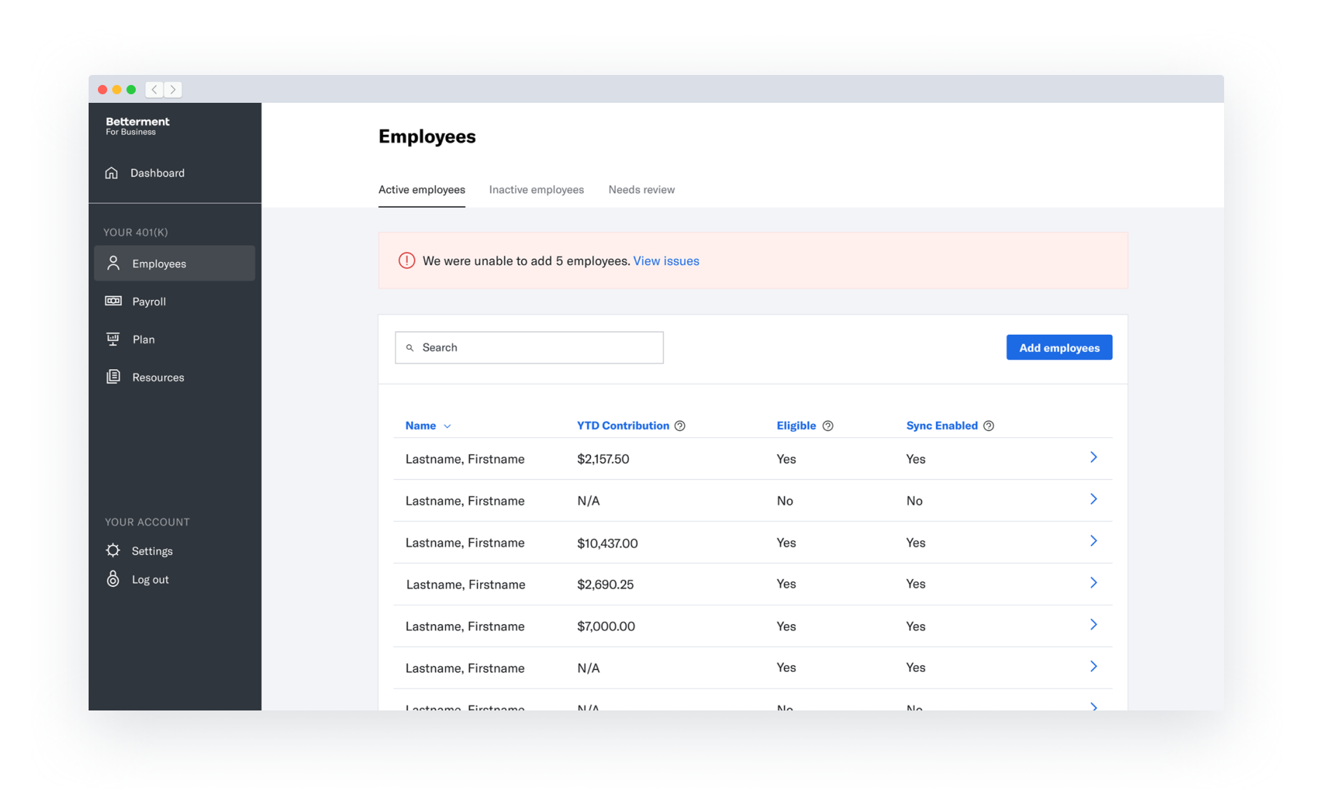 he Employees page of the Betterment 401k plan sponsor dashboard. A red flash error is present at the top of the screen. A View issues link is present.