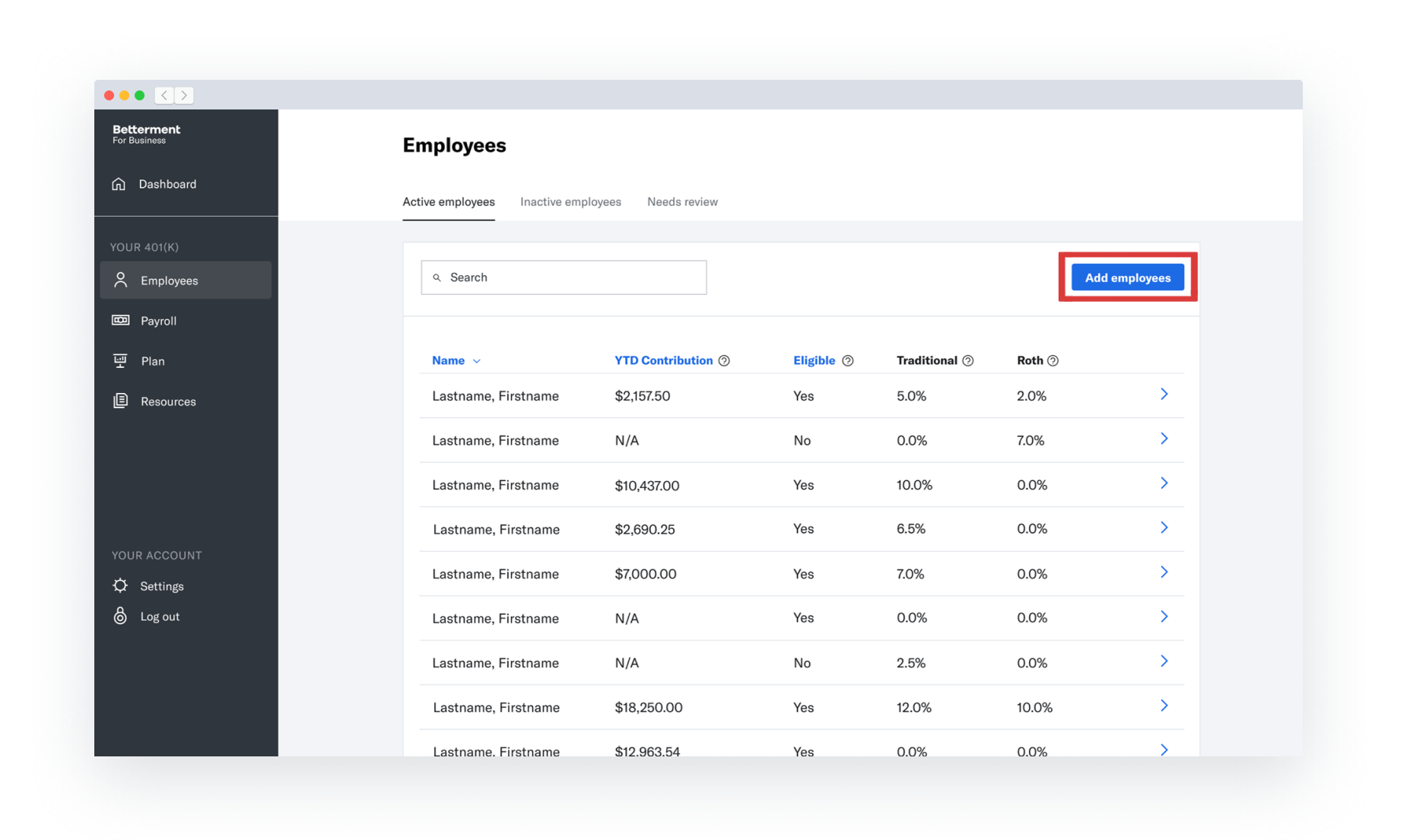 The Employees page of the Betterment 401k Plan Sponsor Dashboard. The Add Employees button is highlighted.