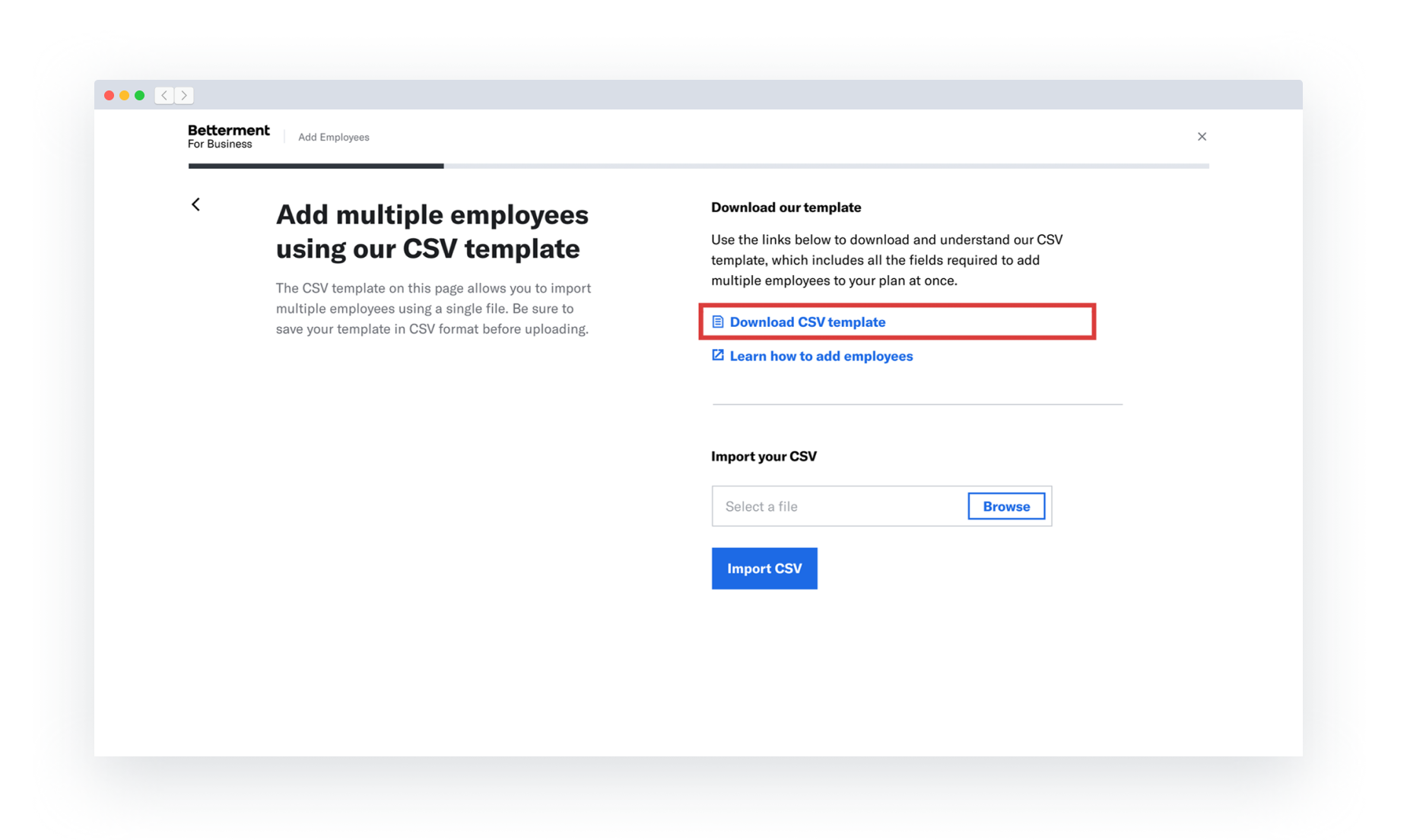 The second step of the "Betterment 401k Multiple Employee Upload flow. The Download CSV template link is highlighted.