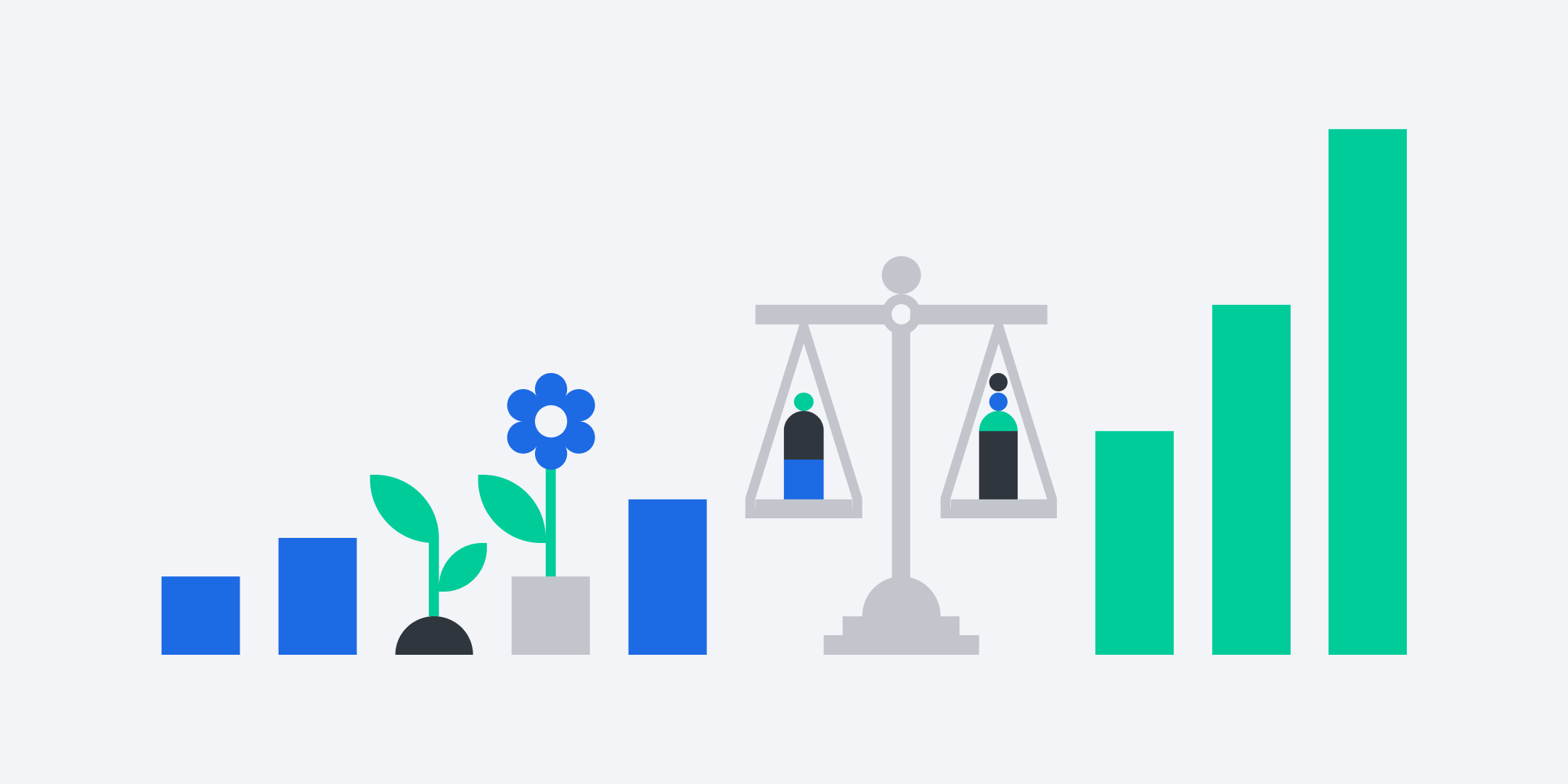 A two-dimensional sketch of a bar graph with plants and a scale.