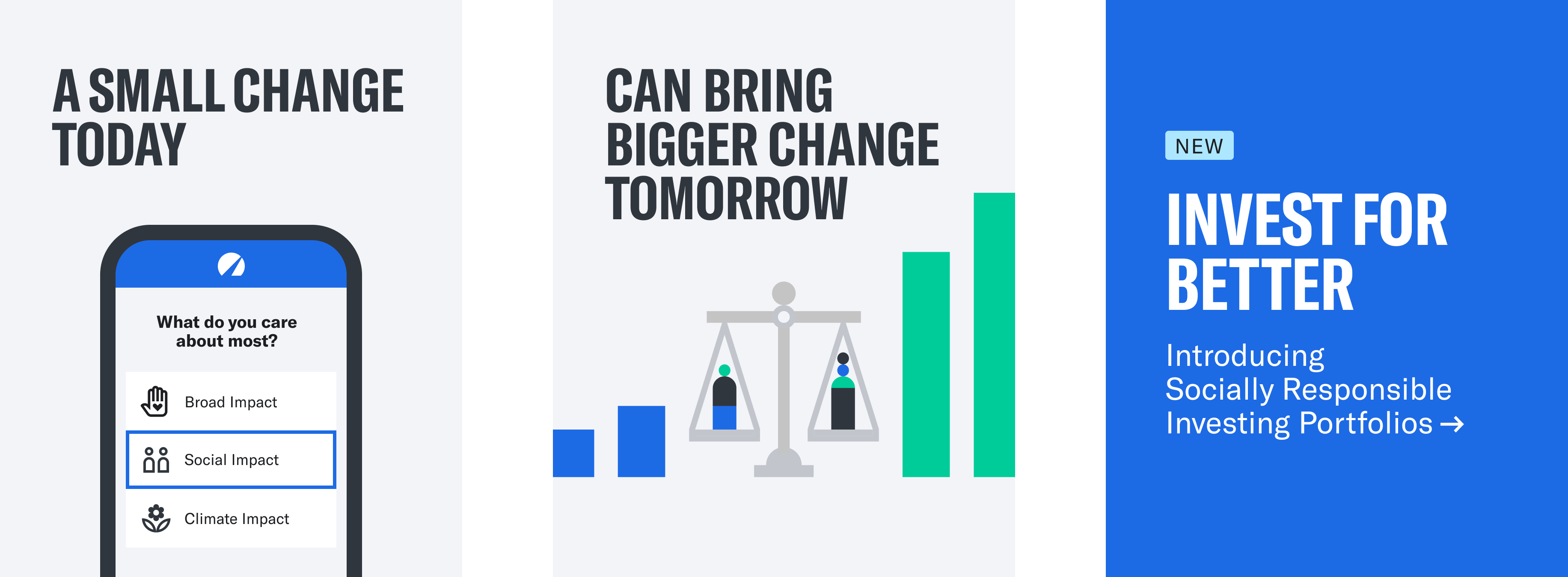 A story board for the social impact portfolio. It reads: A small change today can bring bigger change tomorrow. Invest for better. Introducing socially responsible investing portfolios.