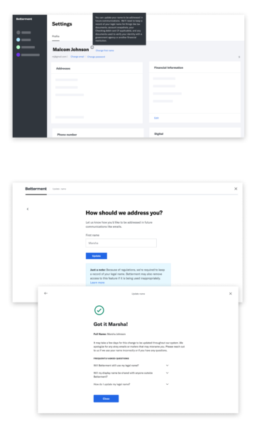 A collage of images that show the user interface for changing your first name in Betterment. 